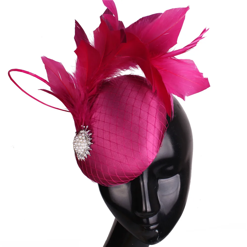 

Nice Magenta Satin Hair Fascinator Hat Evening Party Formal Church Ladies Millinery Hat Bridal Wedding Headpieces With Feathers