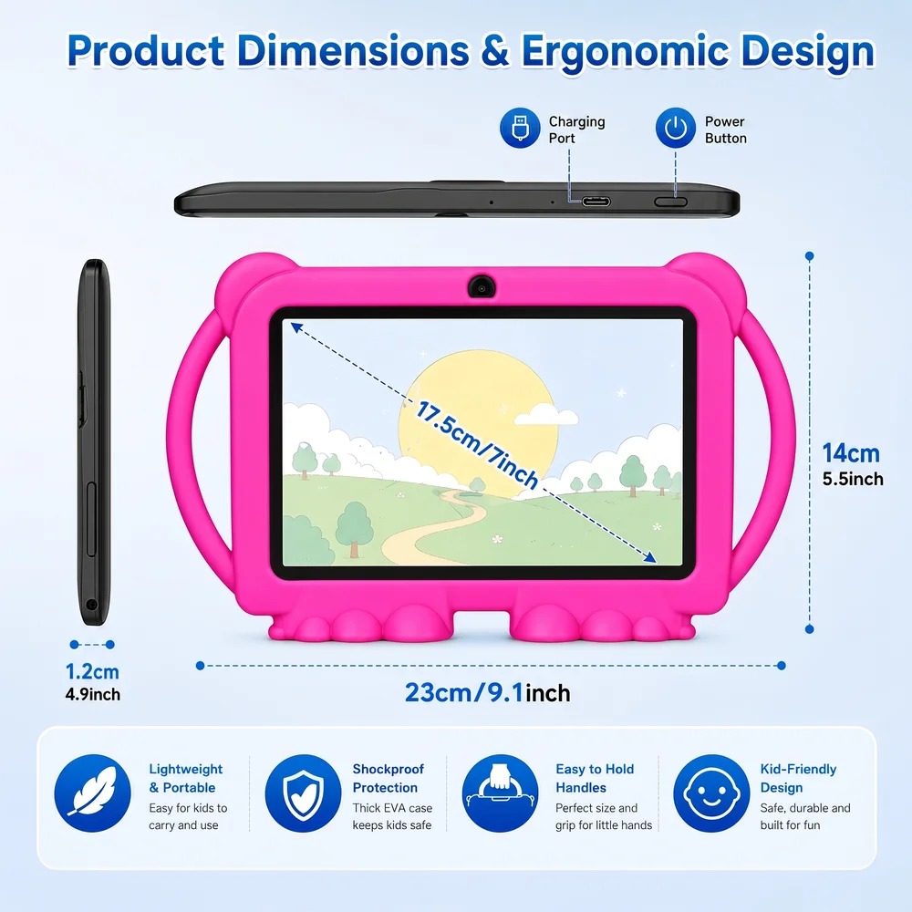 7" Kids Tablet with Parental Control & Shockproof Case, Android 14, 2GB+32GB, 2.4G WiFi, GMS Certified, Eye Protection Display, Dual Camera, Pre-installed Educational Apps & Games for Toddlers 3