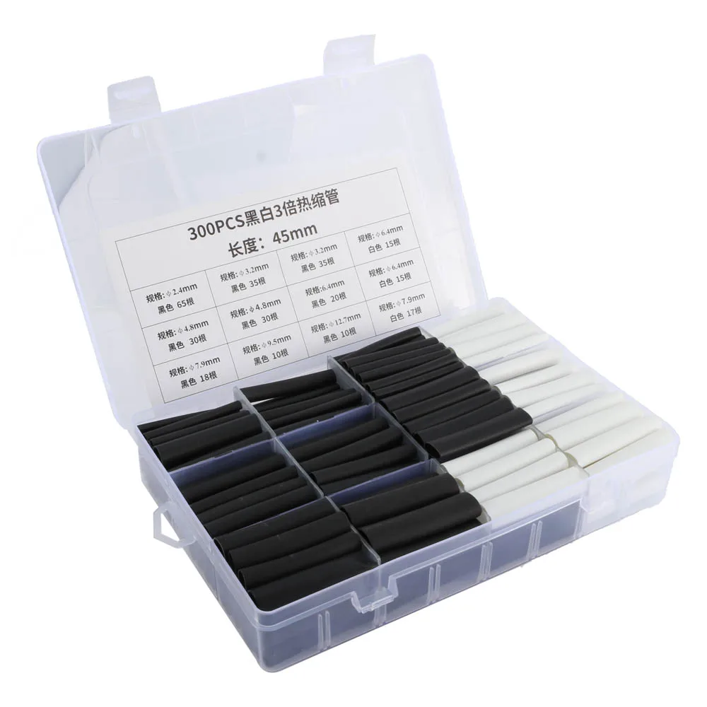 

300 Pcs 3:1 Heat Shrink Tube Set Assortment Electric Insulation Wrapping Sleeving Kit for Cable Wire Repair Accessory