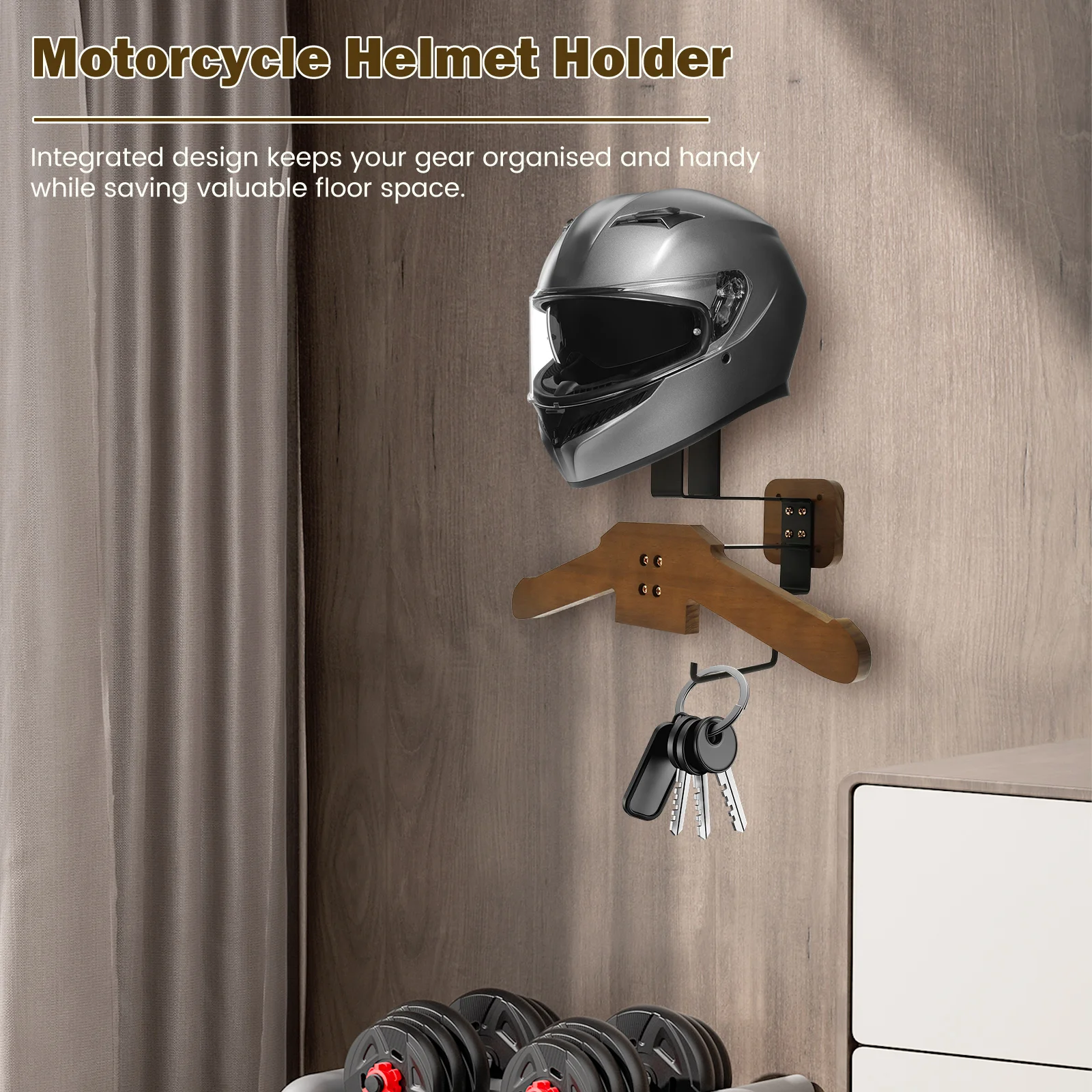 Helmet Rack Wall Mount Wood Motorcycle Helmet Holder All-in-one Helmet Key Rack Bicycle Helmet Display Hanger for Keys Gloves 4