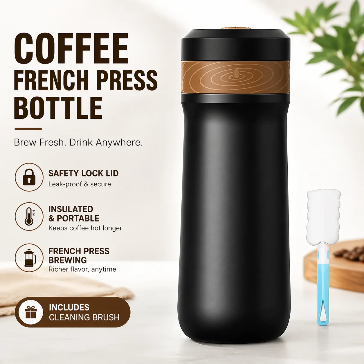 Insulated Stainless Steel Travel Coffee Mug with Double Filter, 320ml Capacity