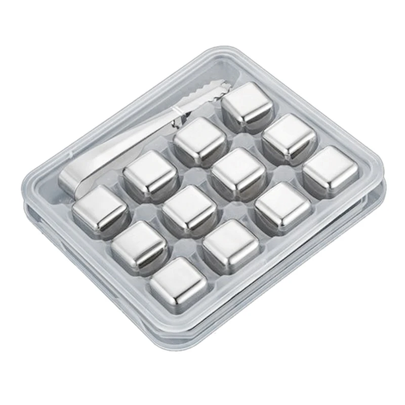 

Stainless Steel Ice-Cubes Reusable, 12 Piece Whiskey Ice-Cubes Set with Silicone Head Tongs and Ice-Cube Trays