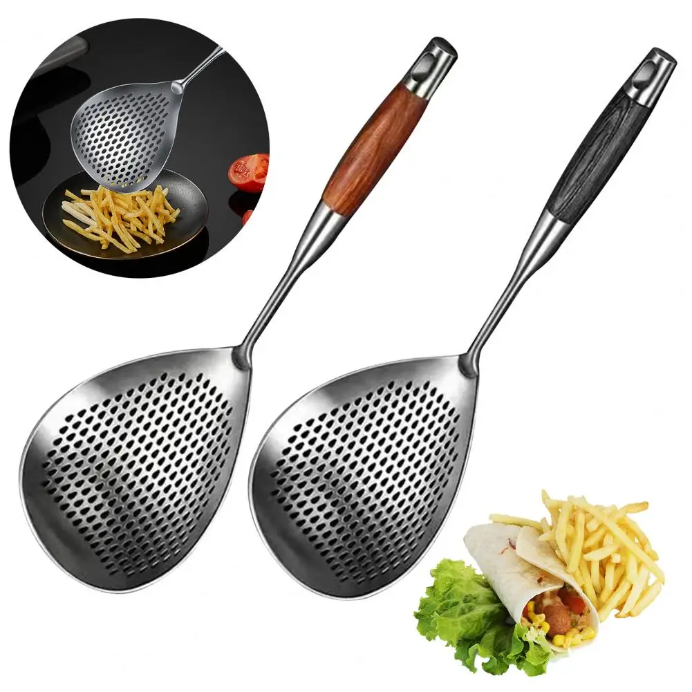 

Stainless Steel Skimmer 304 Stainless Steel Slotted Spoon with Fine Mesh Wooden Long Handle Heat Resistant Kitchen for Frying