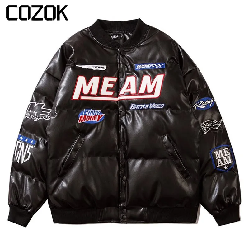

American Vintage Bomber Jacket Men Women Thicken Letter Embroidery Black Leather Varsity Jacket Racing Motorcycle Warm Coat