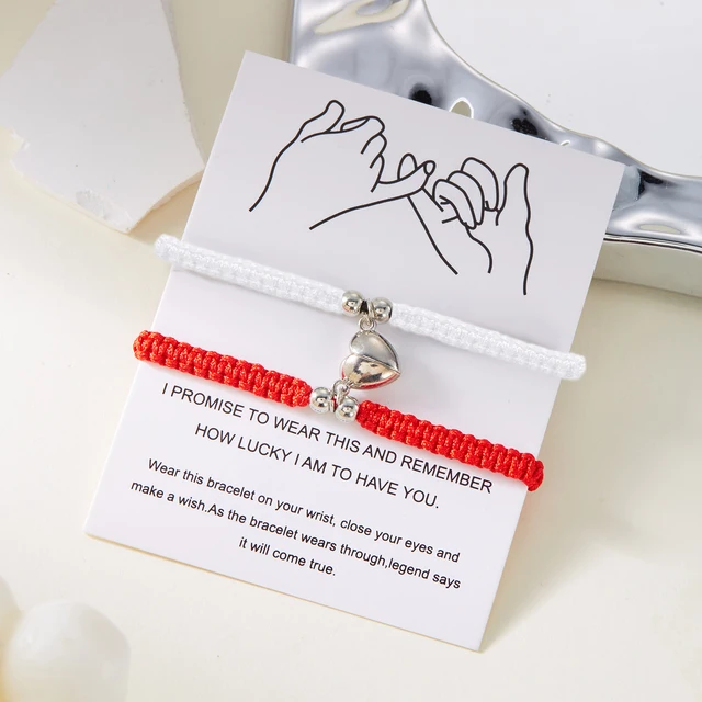 Bracelet porte-bonheur en corde tressée rouge, 2 pièces, pour femmes et hommes, cœur romantique, magnétique, assorti, bijoux pour amoureux de la saint-valentin