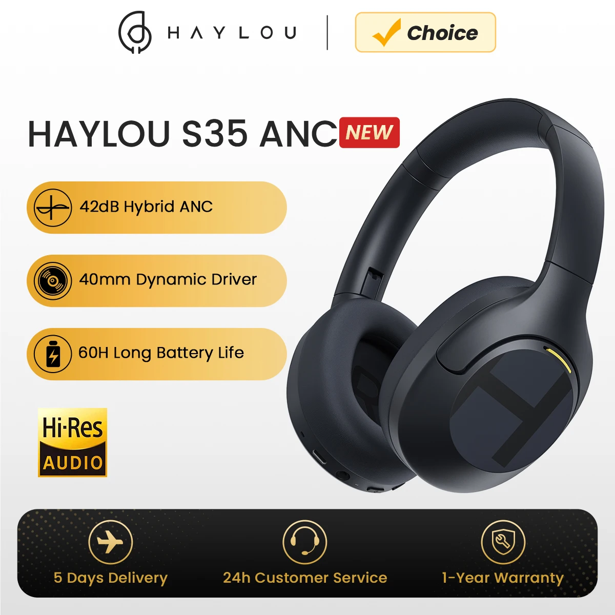 HAYLOU S35 ANC Wireless Bluetooth 5.2 Headphones 42dB Over-ear Noise Cancellation Headsets 40mm Driver 60H Playtime Earphones 1