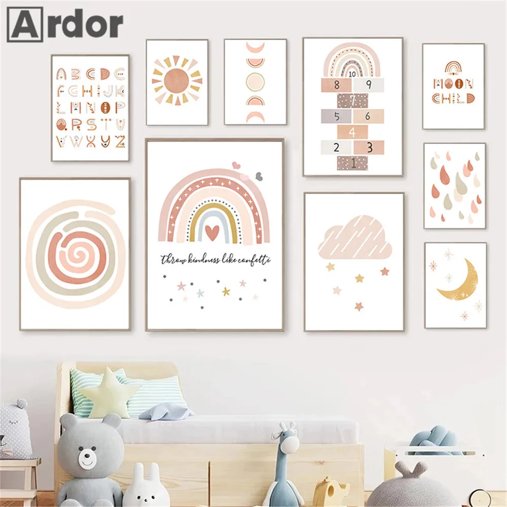 

Rainbow Prints Sun Cloud Art Painting Nursery Poster Alphabet Canvas Print Nordic Wall Poster Pictures Baby Kids Room Decoration