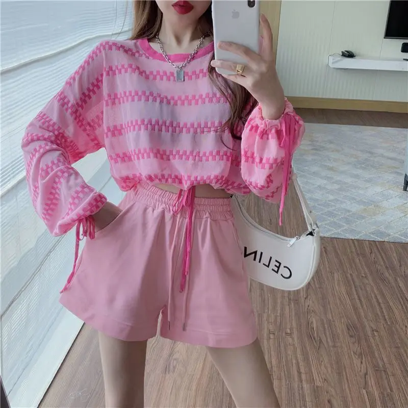Summer Cotton Women Casual Two Pieces Long Sleeve Drawstring Crop T Shirts and High Waist Shorts Pants Stripe Outfits Tracksuit