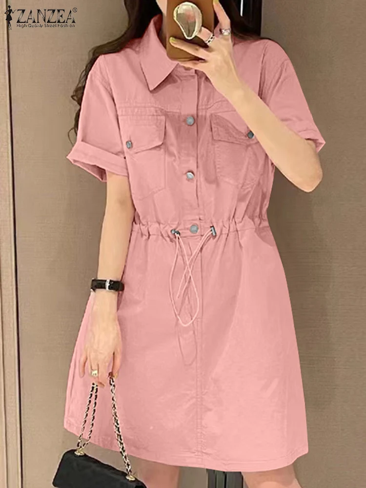 

Fashion Summer Short Sleeve Solid Shirt Dress ZANZEA Women Elegant Work Sundress Lapel Neck Robe Casual OL Knee-length Vestidos