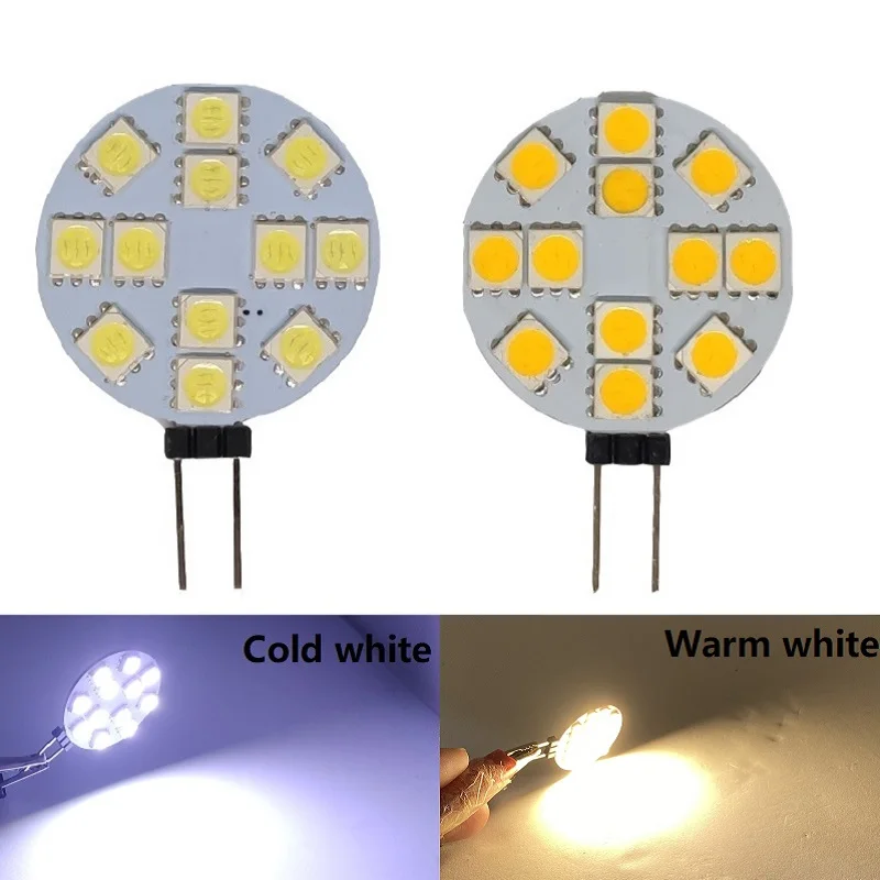 Quente frio branco LED lâmpada de halogênio, substituir a lâmpada, G4, 180 graus, DC 12V, 5050 SMD, 5W, 2.4W, 1.8W, 1.2W, 2pcs