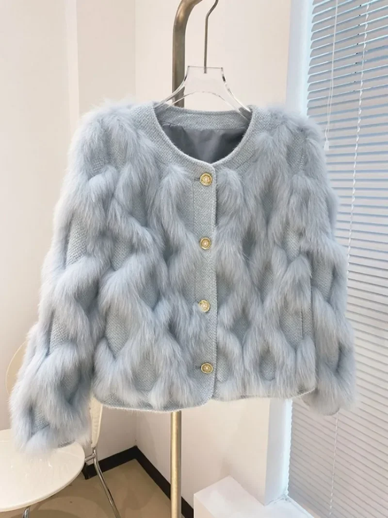 2023 Autumn Winter New White Fox Spokes Short Fur Knitted Elegant Socialite Younger Overcoat Female Furry Jacket Women's Clothes