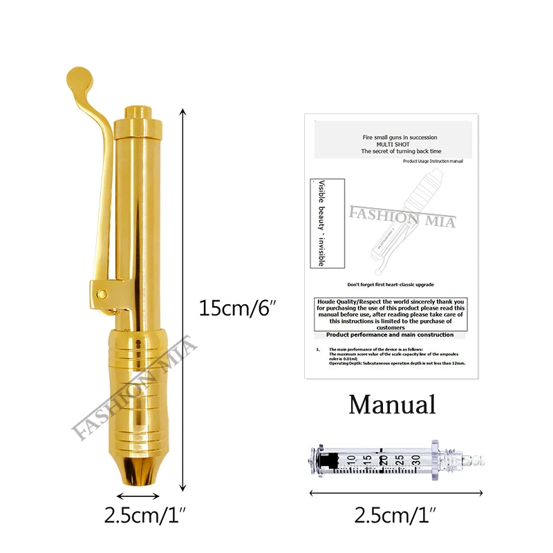 24K Gold 0.3ml Hyaluronic Pen with High Pressure for Hyaluronic Acid Mesotherapy Gun Beauty Tool 0.3ml Ampoule Head Adapter