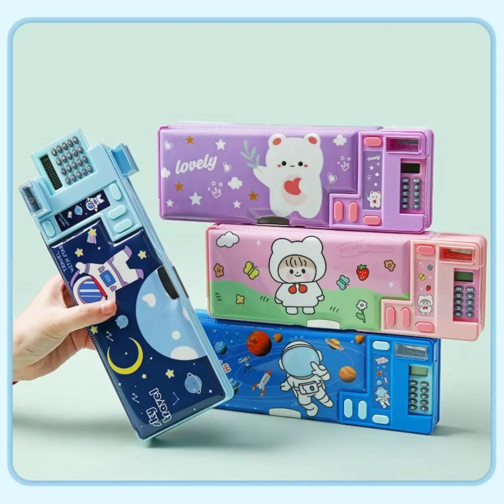 Pencil Cases Stationery Box Double Layer Pencil Case Astronaut Animal Design Pencil Sharpener Box Plastic With Calculator