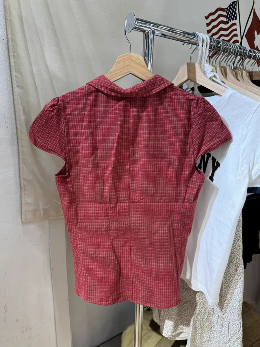 Red Plaid Slim T-Shirt Blouse Woman Summer Peter pan Collar Single Breasted Short Sleeve Tees Vintage Sweet Cotton Tshirt Y2k 5