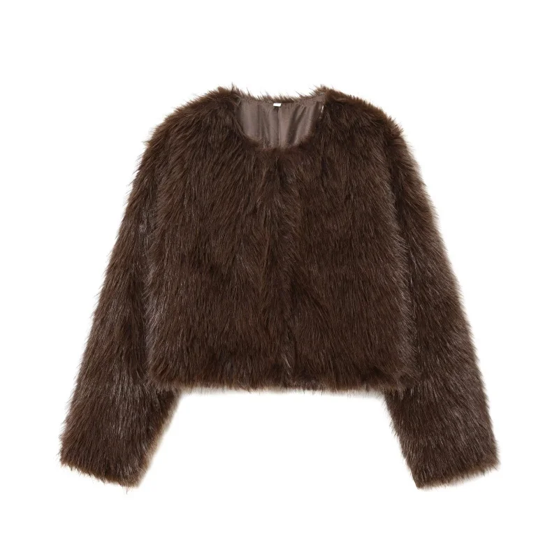 Faux fur jacket 2025 Fall/Winter New Fashion Women's Faux Fur Effect Round Neck Long Sleeve Short Jacket - 6