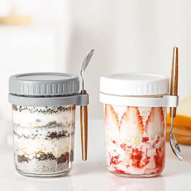 1 unidad de vaso de avena Cawan Kaca, portátil, con cuchara, ideal para el desayuno, vaso de yogur, resistente al calor