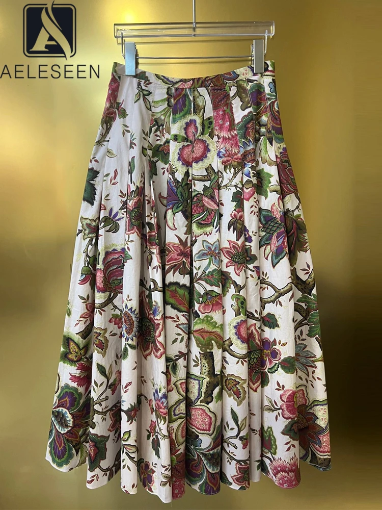 

AELESEEN High Quality 100% Cotton Skirt Women Spring Summer Flower Print Long Retro Pockets Elegant Poplin Party Holiday