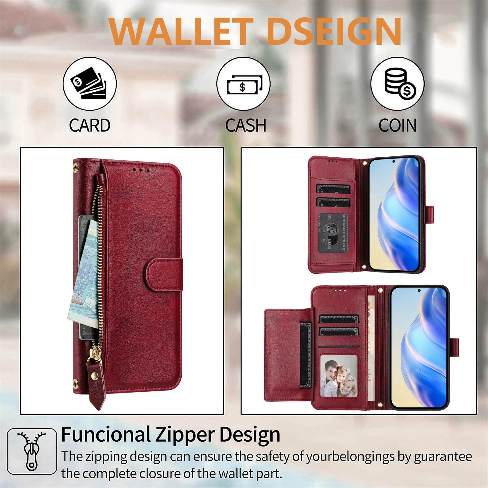 Strap Zipper Card Leather Wallet Case with Flip Cover