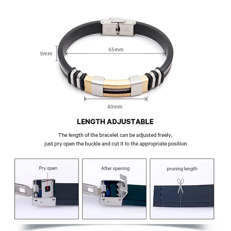 Man Stainless Steel Casual Adjustable Bracelet Waterproof Silicone Bangles Wristband