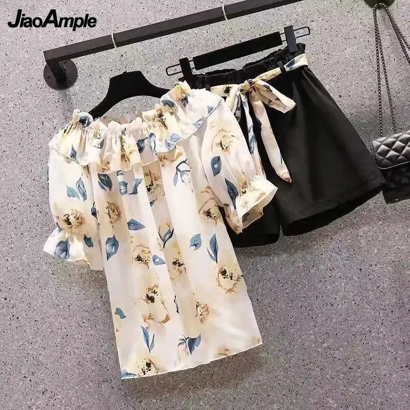 Women's Summer Shorts Suit 2022 New Casual Printed Shirt Top Pants Two Piece Korean Fashion Elegant Short Sleeve Blouse Set