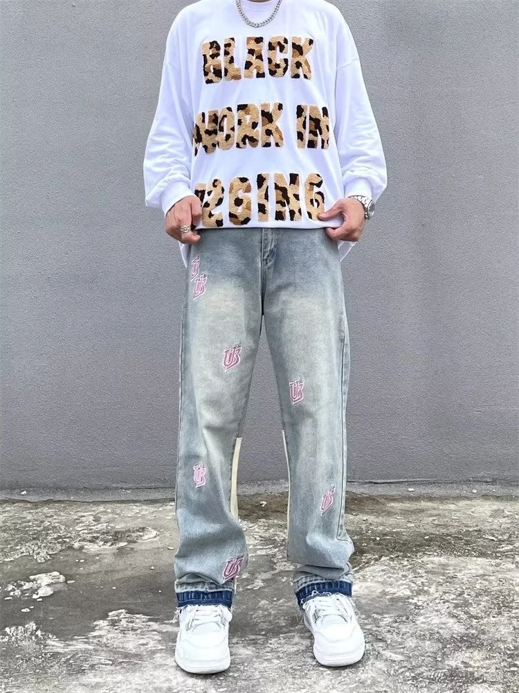 

High Street Embroidery Men's jeans Trend Streetwear Straight Baggy jeans Casual Trousers y2k HIP HOP Retro Men Clothing Pants
