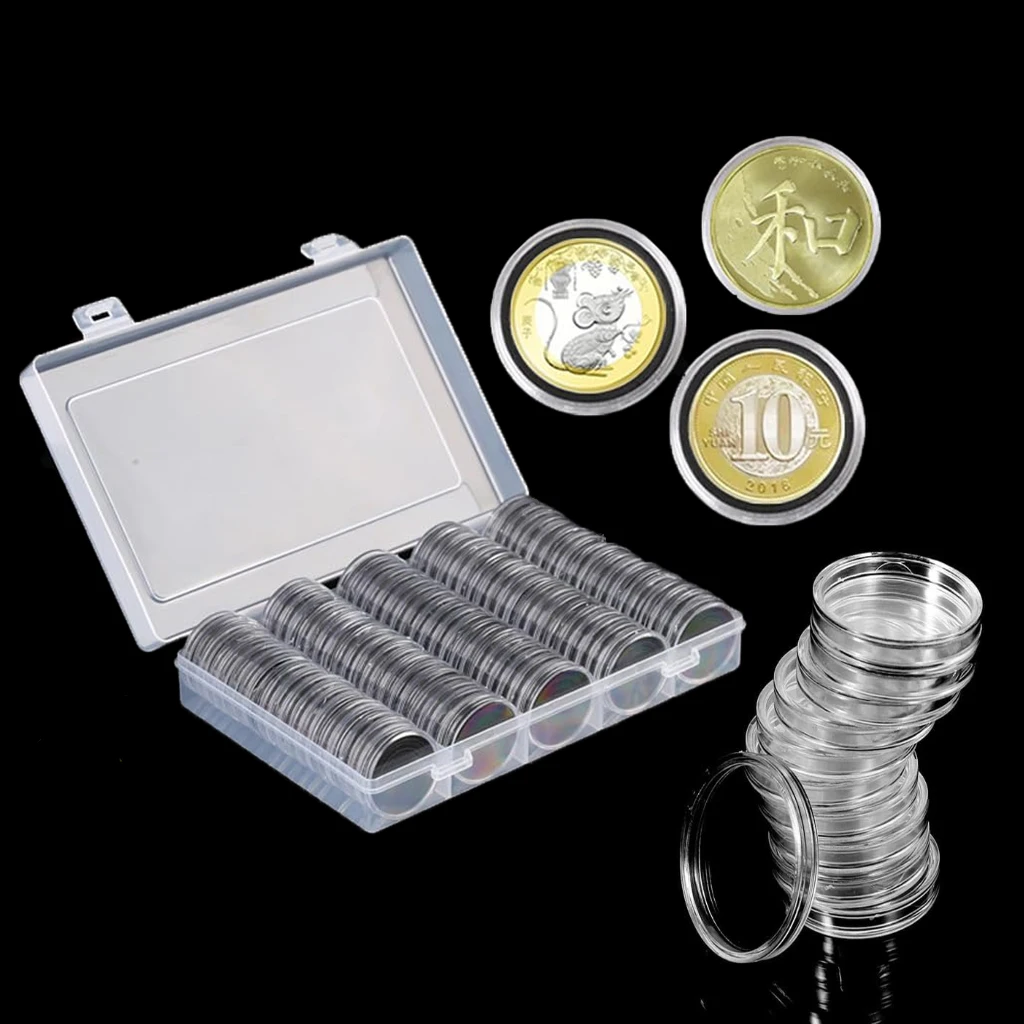 100 Cápsulas De Plástico Transparente Para Monedas – Diámetro 26 Mm, Altura 5 Mm, Cierre De Media Luna