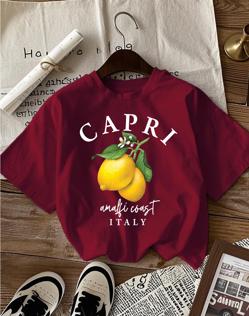 Italian Lemon Print Women's Cotton T-Shirt - O-Neck Short Sleeve Trendy Loose Streetwear Summer Top