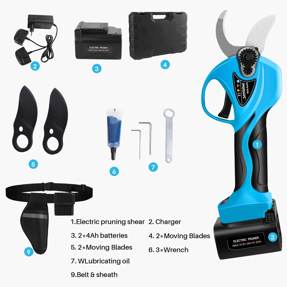 SWANSOFT Professional Cordless Electric Pruning Shears With 2PCS 16.8V 4Ah Lithium Battery 30mm Adjustable Cutting Diameter 4