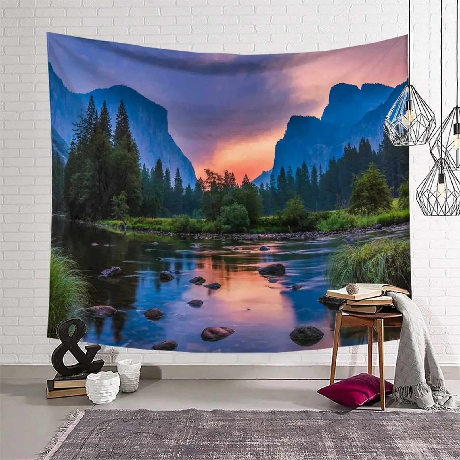 

Mountain Tapestry Colorful Sunset Reflection Tapestry Nature Meadow Tapestry Wall Hanging for Bedroom Living Room Dorm Decor