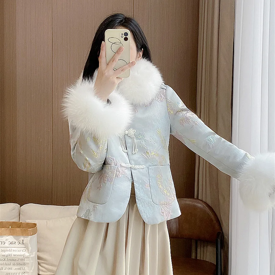 

2023 winter new style young retro quilted thickened real rabbit fur improved cheongsam Tang suit padded jacket little jacket gir