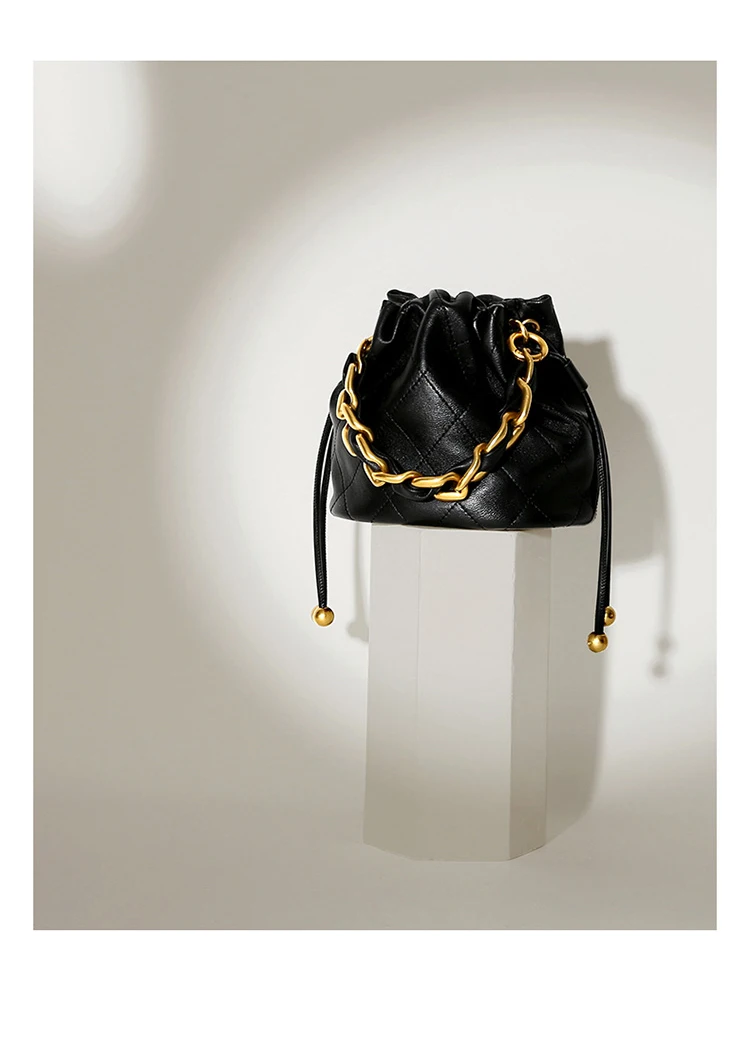 Sc84880eed42c40a39bb84f2e5edceb47M Genuine Leather Quilted Drawstring Bucket Bag for Women with Chain Strap Crossbody Handbag for Daily Use and Commuting Mallzona