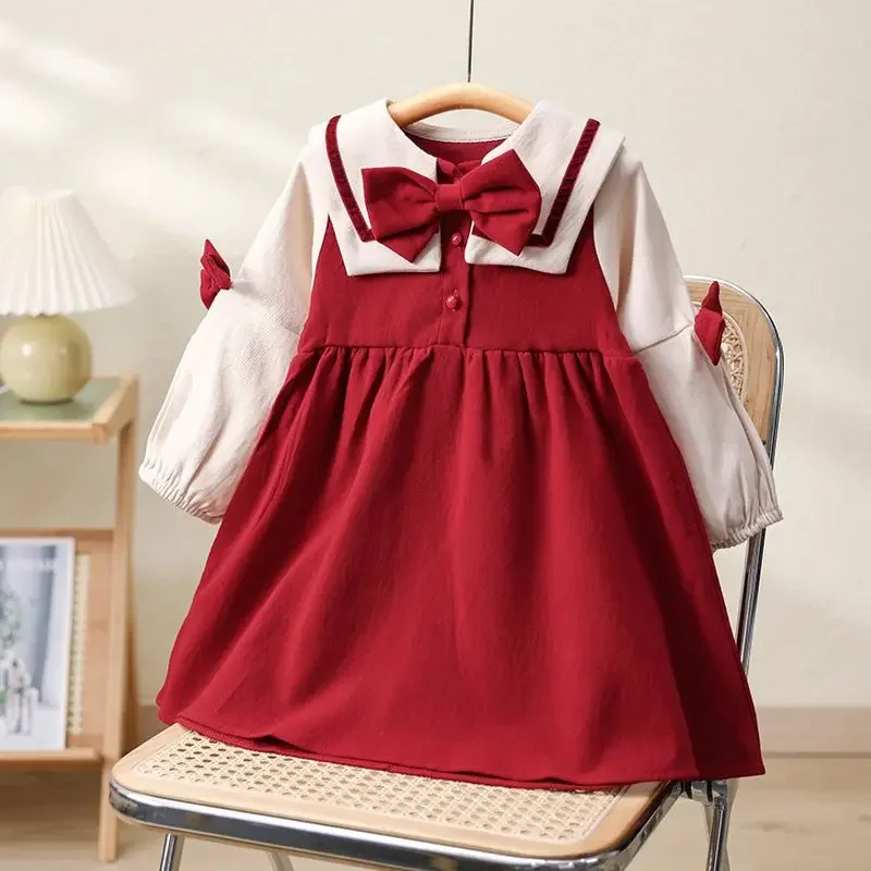 

New Girls' Spring Autumn Dress Western Style Children's Fleece-lined Thickened Winter Retro British Doll Collar Baby Skirts