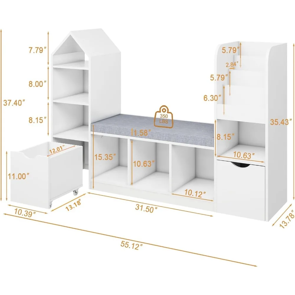 Kids Bookcase and Bookshelf with Reading Nook, Multifunctional Bookcase with 7 Storage Cubbies 2 Movable Drawers 2