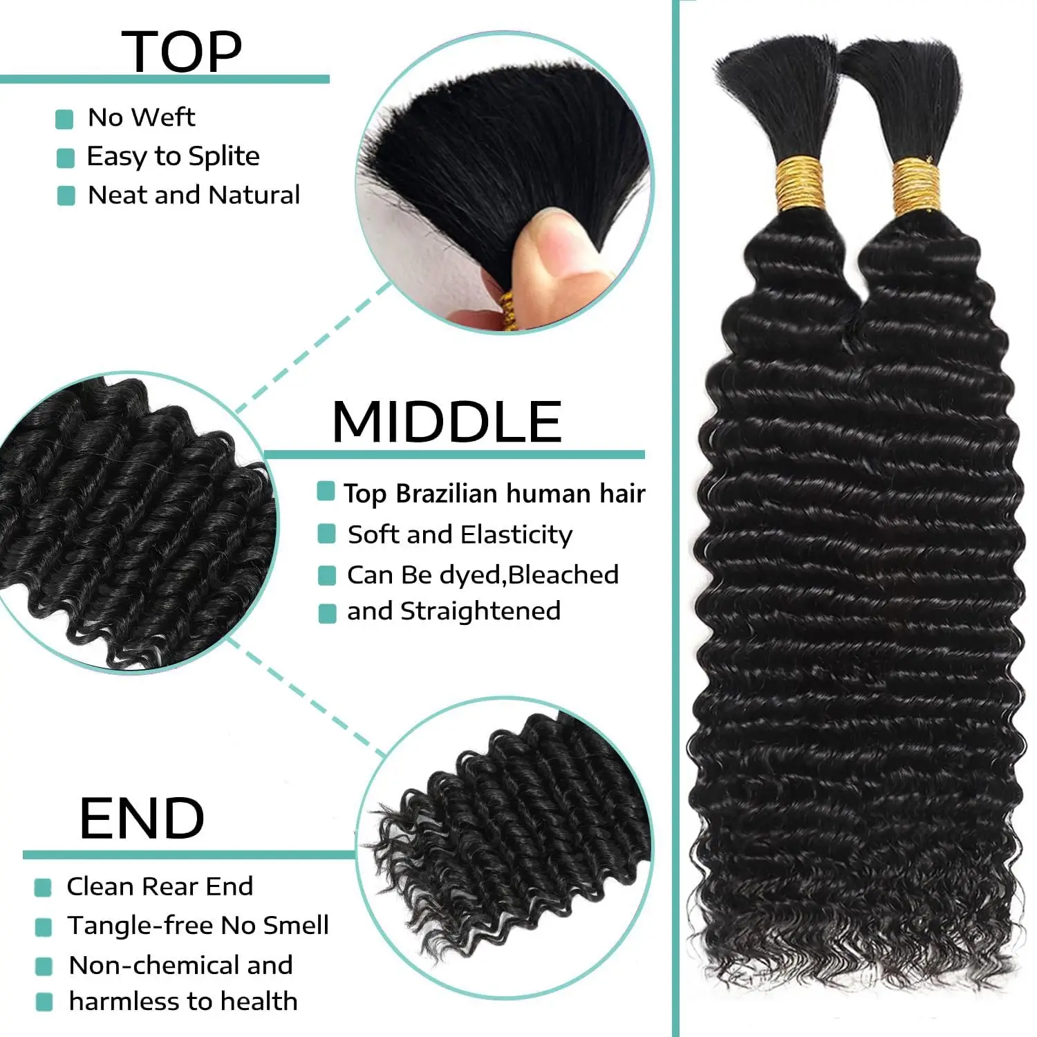 110g Deep Wave Bulk Human Hair for Braiding Knotless 12A Unprocessed Brazilian Virgin Hair Extensions Bulk Bohemian 2 Bundles