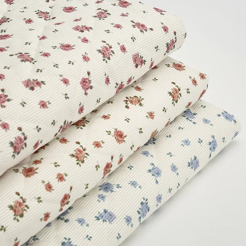 Quilted Corduroy Cotton Fabric with Floral Print for Winter Clothing and DIY Sewing