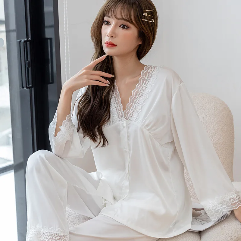 

Tulin Fashion Pajamas Set Soft Women Sleepwear Satin Lounge Wear Spring Pyjamas Lace Patchwork Nightwear Home Ctheslo Lingerie