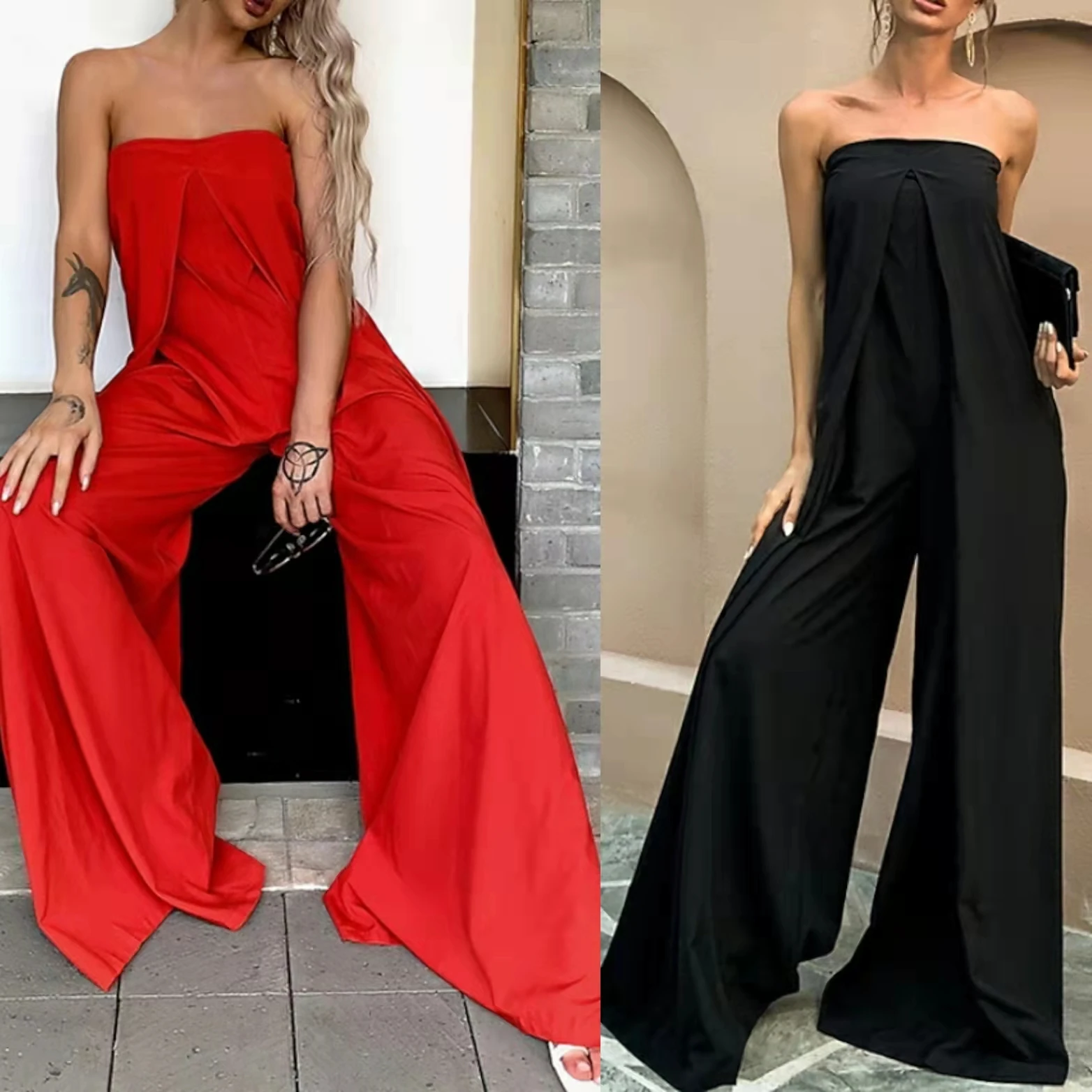 

Classic Jumpsuits Empire Minimalist Evening Dresses With Pockets Strapless Sleeveless Floor Length Formal Party Dress for Women