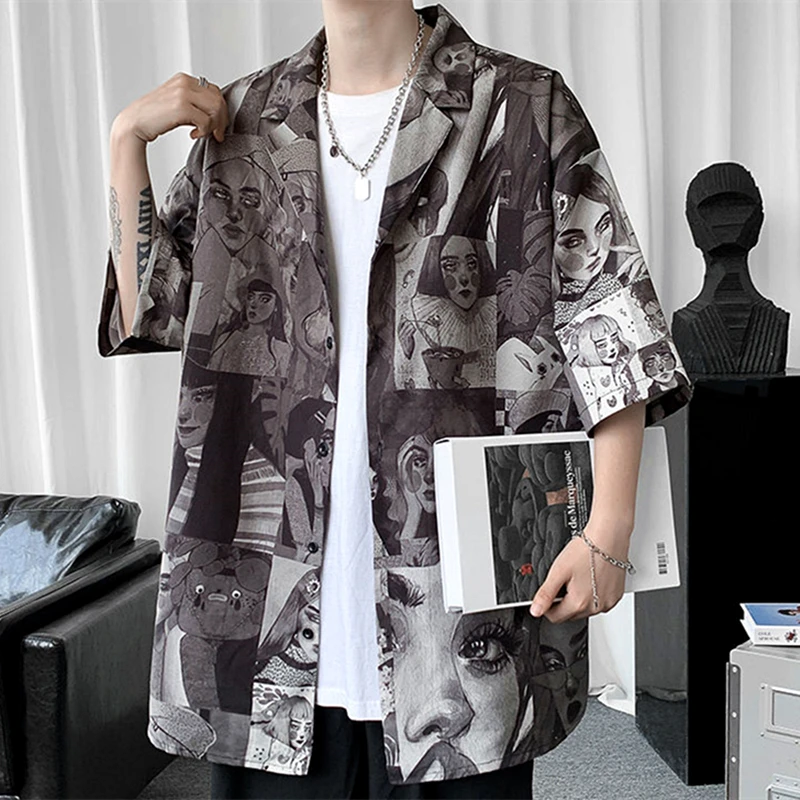 

2022 Retro Lady Oil Painting Graffiti Button Up Shirt Loose Casual Summer Beach Blouses Cool Streetwear Mens Shirts Hip Hop Tops