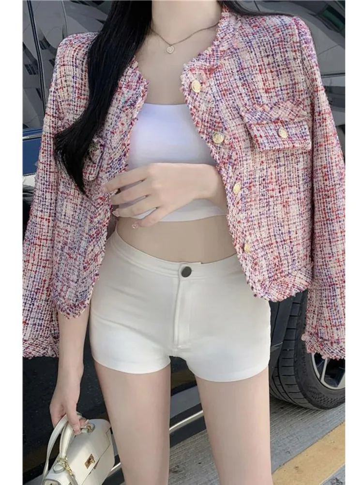 

Женский твидовый пиджак с круглым вырезом, длинным рукавом и бахромой