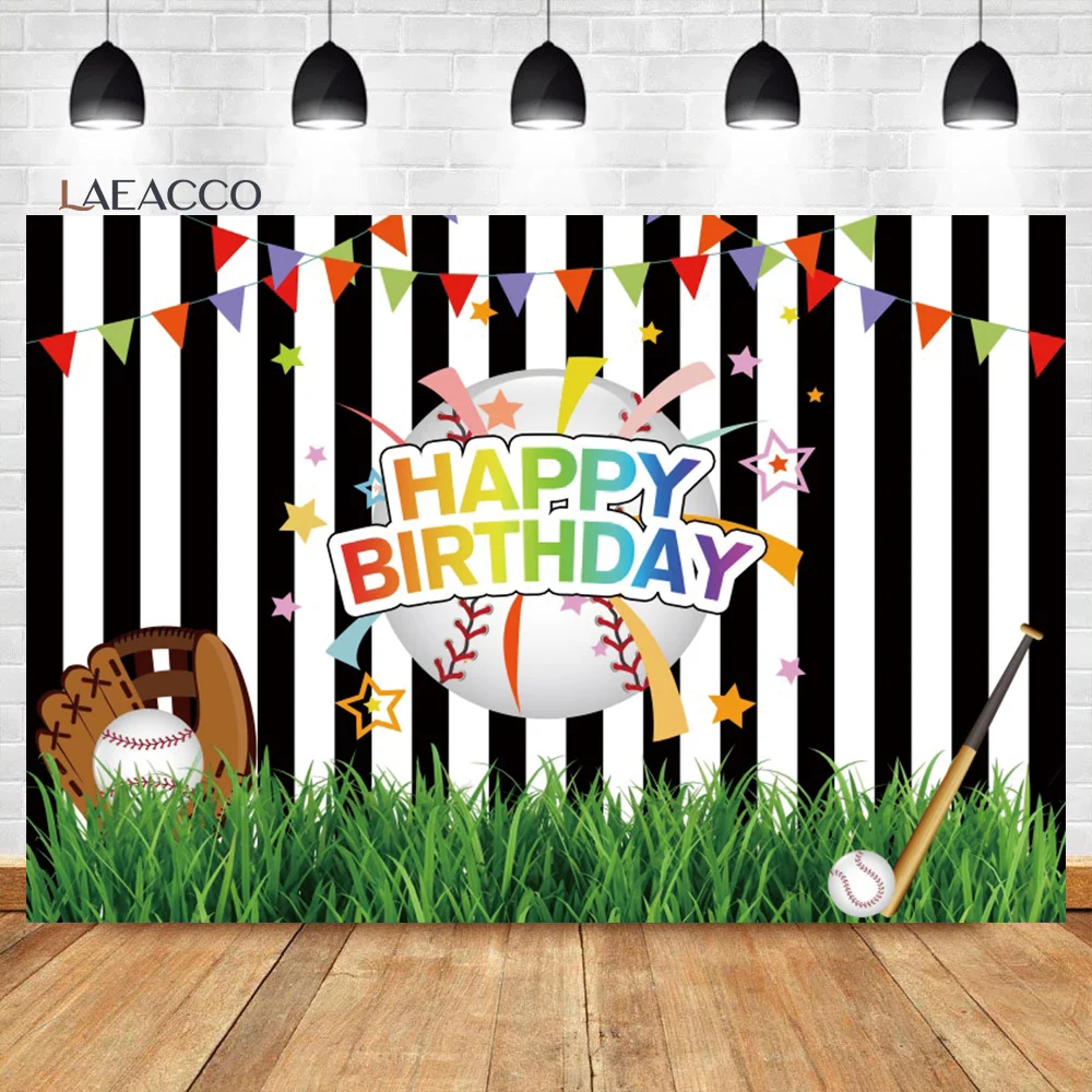 

Laeacco Baseball Backdrop for Birthday Party Boy's Sport Happy Birthday Black and White Striped Stars Child Portrait Backdrop