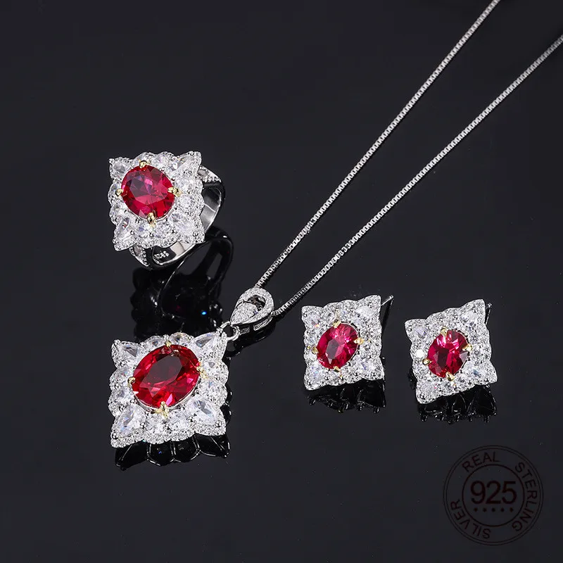 

Diamond Design Red Ruby Blue Sapphire Green Cubic Zirconia Pendant Necklace Stud Earrings Ring 925 Sterling Silver Jewelry Set