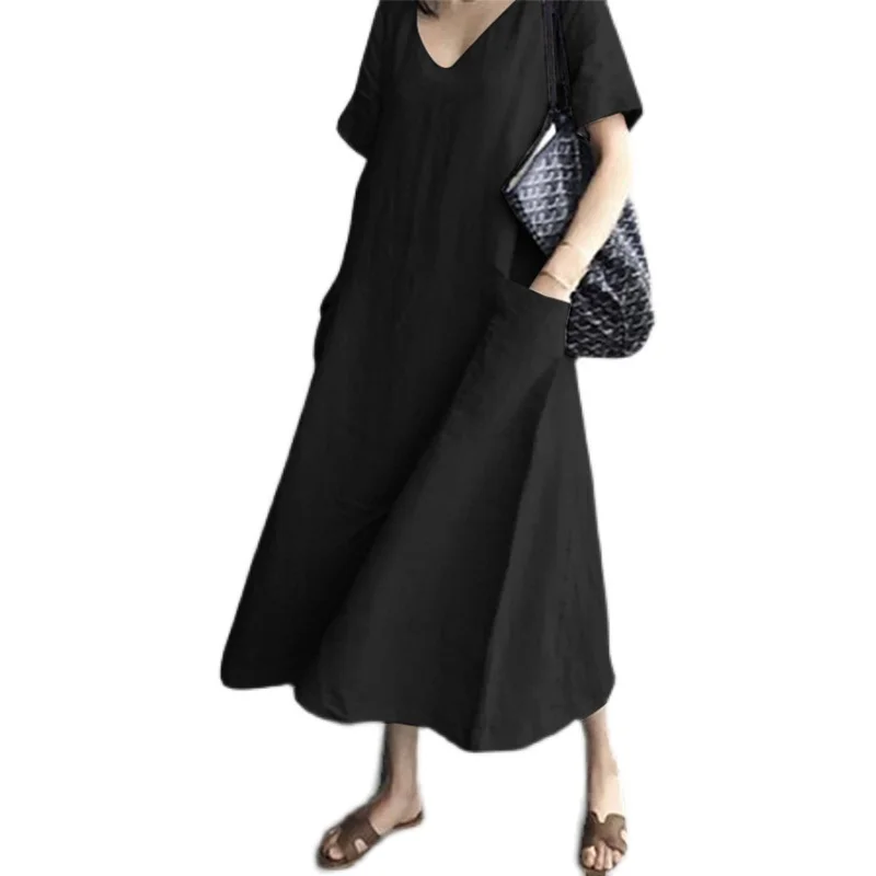 Artistic Japanese Sle Women's Long Dr Cotton Linen Material Large ket Summer Faion Casual V-ne Loose Waist - Image 4