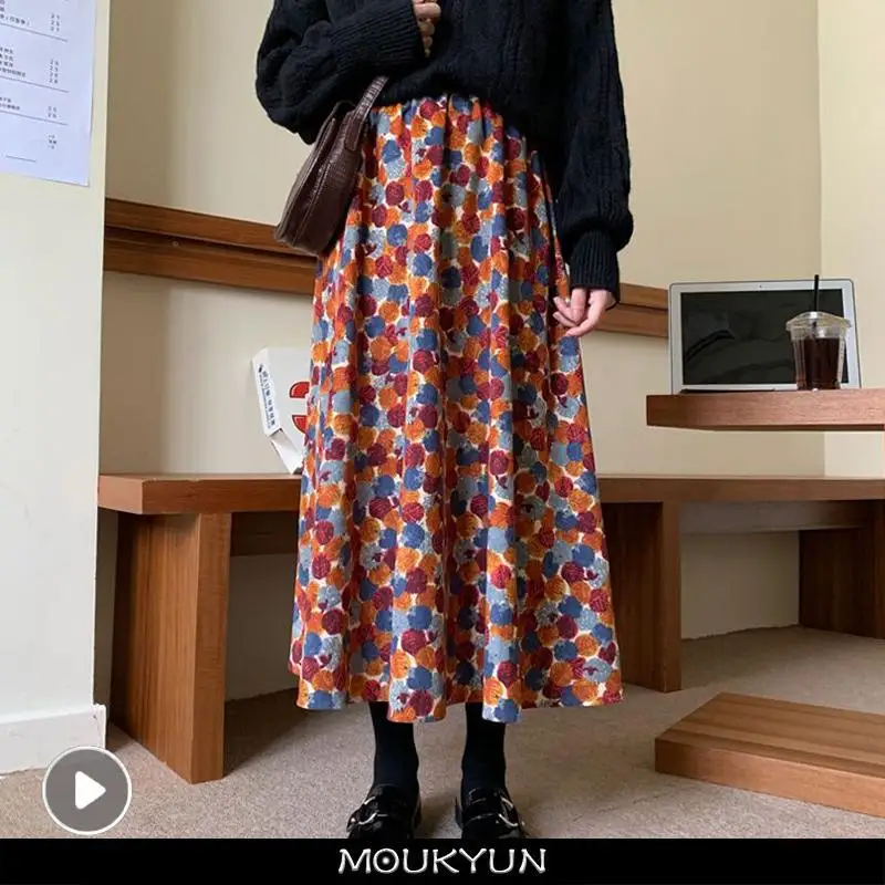 

MOUKYUN Floral Corduroy Women Skirt Retro Elegant Casual Soft Elastic Waist Midi Skirts Korean All-match Chic Daily Skirt Faldas