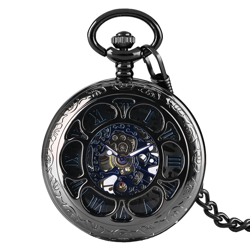 Luxury Steampunk Hollow Skeleton Mechanical Pocket Watch Roman Numerals Dial Vintage Fob Chain Pendant Clock Men Women Presents