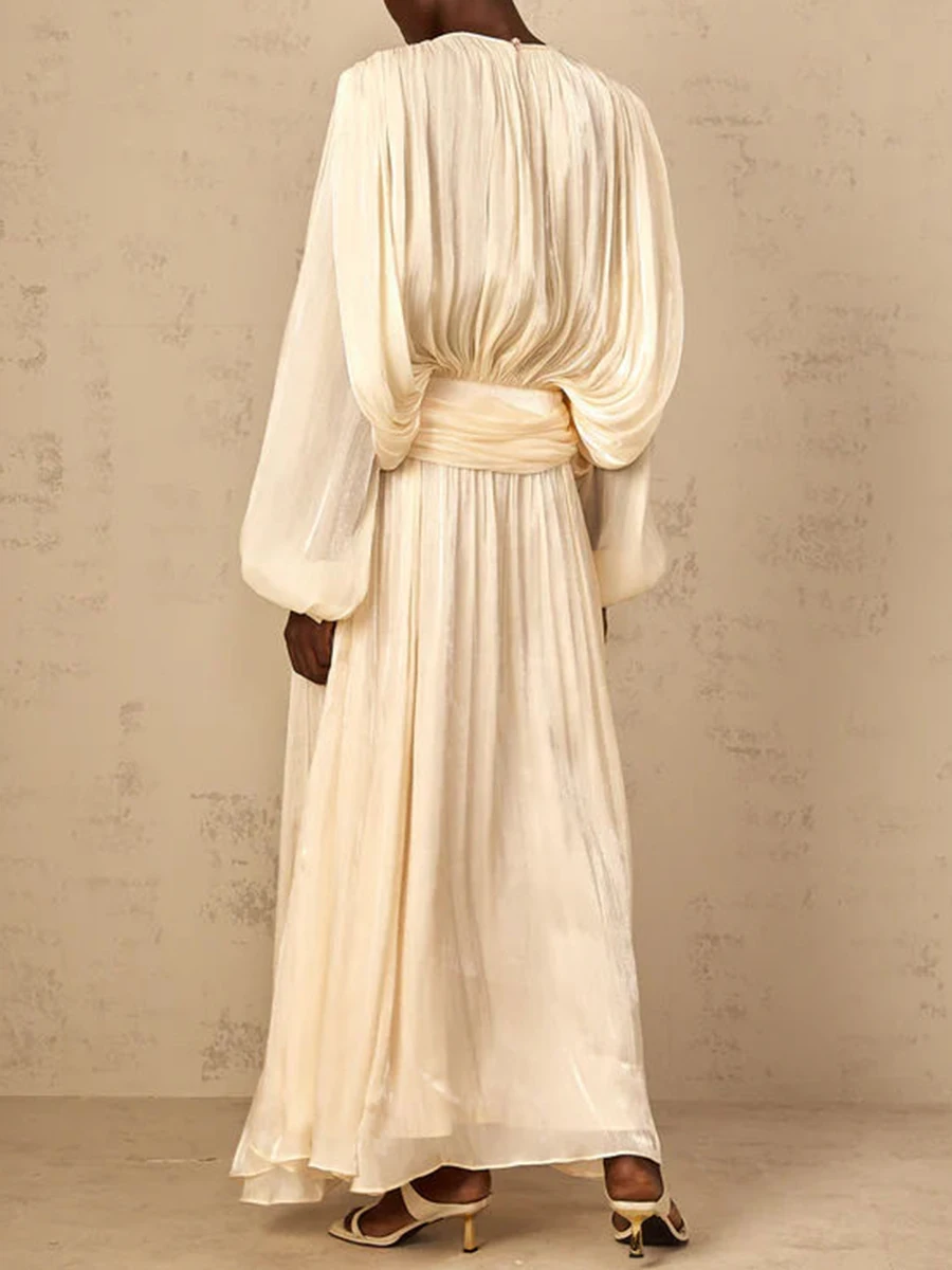 twotwinstyle solid loose spliced folds elegant dresses for women round neck long sleeves patchwork lace up dress female fashion TWOTWINSTYLE Solid Loose Spliced Folds Elegant Dresses for Women Round Neck Long Sleeves Patchwork Lace Up Dress Female Fashion 4