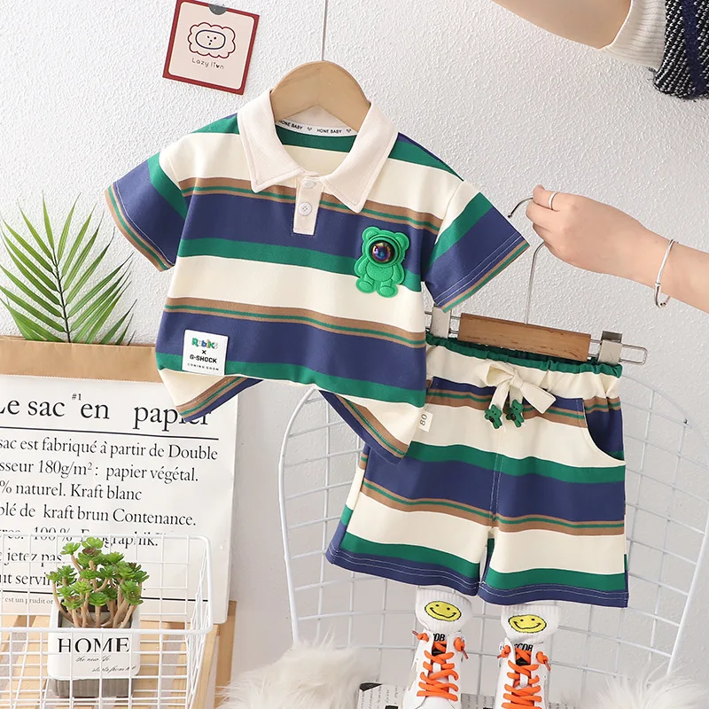 

Baby Boy Clothes Sets Toddler Outfits 2023 Fashion Cartoon Striped Pullover Short Sleeve T-shirts and Shorts for Kids Tracksuits