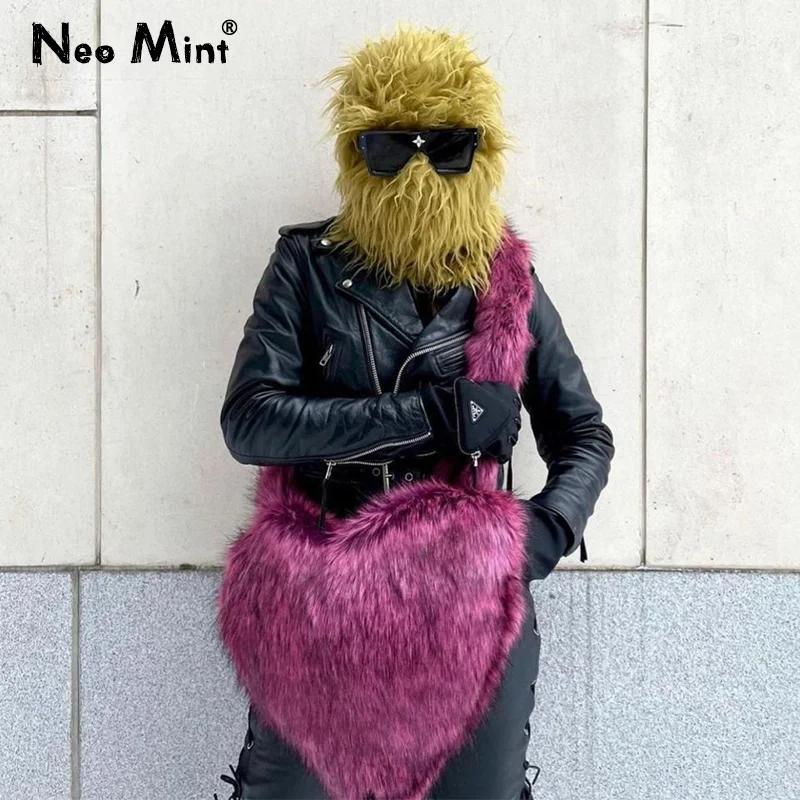 

Winter Furry Handbag Women Gothic Punk Harajuku Y2k Hot Fashion Girls Heart Shaped Faux Fox Raccoon Fur Messenger Shoulder Bag