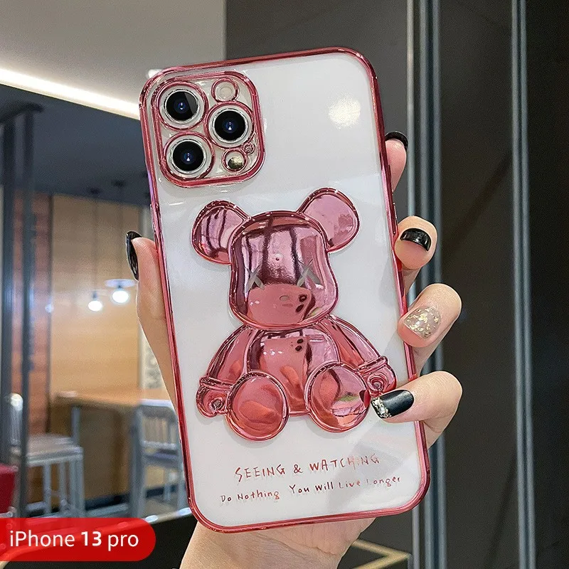 Cute Bear iPhone 13 Pro Max Case Metal Plating Border Transparent Back Cover Silicone Soft Case for iPhone12 11 Phone Case XR SX phone pouch bag Cases & Covers