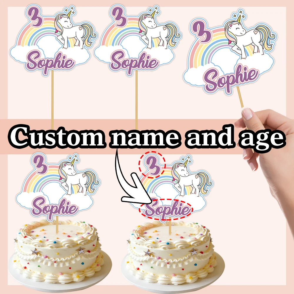 Personalisierter Geburtstagstorten-Aufsatz mit individuellem Namen, Party-Regenbogen-Einhorn-Muster, Kuchendekoration, Obst-Dessert-Spieße, Partyzubehör – Detail 1