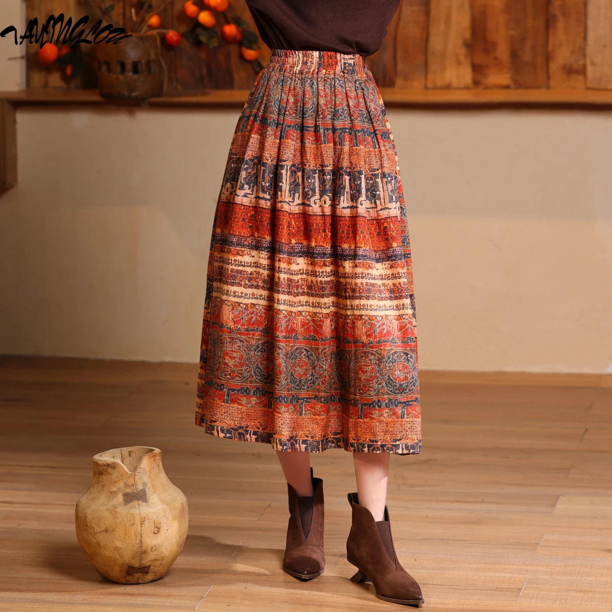 

Women Clothing 2023 Spring and Autumn Female Faldas Retro Printing Big Hem Skirt Elastic Versatile Slim A-Line Girls Long Skirts